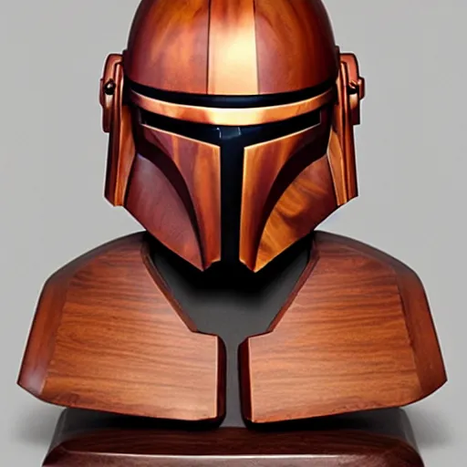 Prompt: a real - world sculpture bust of the mandalorian star wars character, made of highly polished walnut wood, polished, cedar, polished tiger - wood. photograph, photographic, 3 5 mm