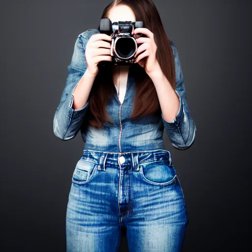 Image similar to a woman in black jacket and jeans holding a camera, a photo by Camille Souter, shutterstock, art photography, studio photography, stylish, black background