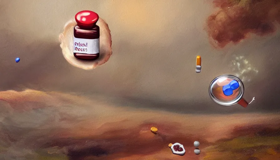 Image similar to an oil painting of an antibiotic pill running away from a pharmaceutical company representative, illustration