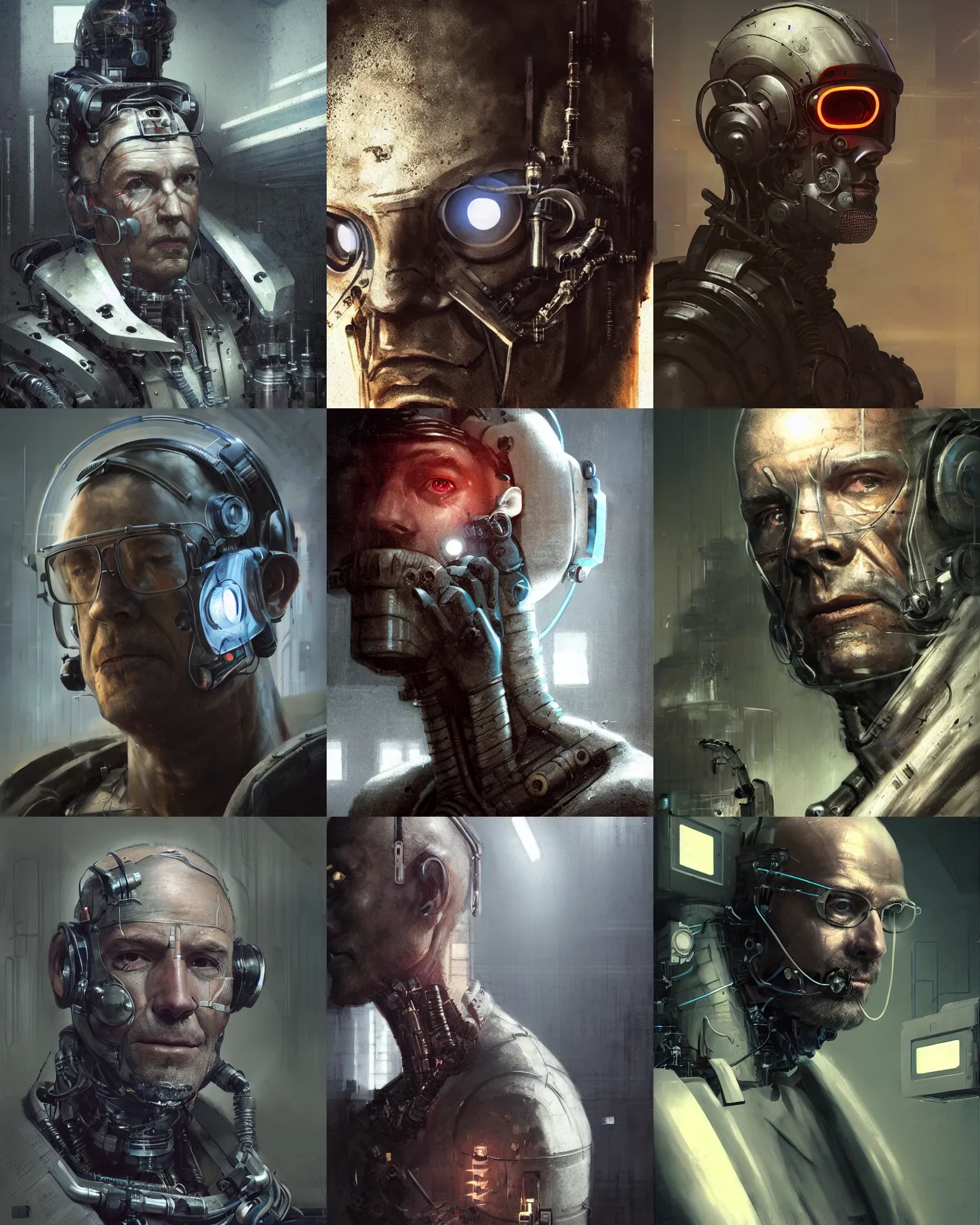 Image similar to a half - masked rugged middle aged laboratory engineer man with cybernetic enhancements as seen from a distance, scifi character portrait by greg rutkowski, esuthio, craig mullins, 1 / 4 headshot, cinematic lighting, dystopian scifi gear, gloomy, profile picture, mechanical, half robot, implants, steampunk