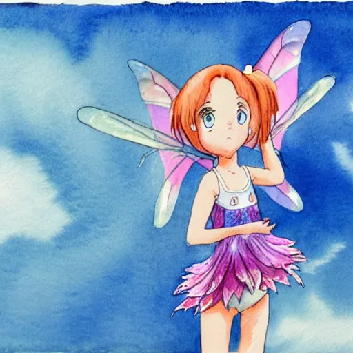 Prompt: award winning watercolor of a 3 0 year old auburn - headed fairy in short pigtails wearing a sparkly baby pink swimsuit with blue translucent dragonfly wings, against a cloudy blue sky backdrop, by hayao miyazaki