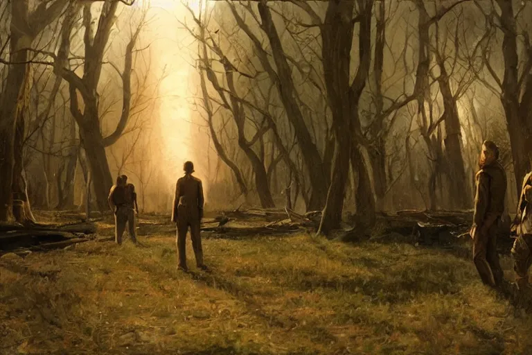 Prompt: the last man alive, wide shot, romantic painting