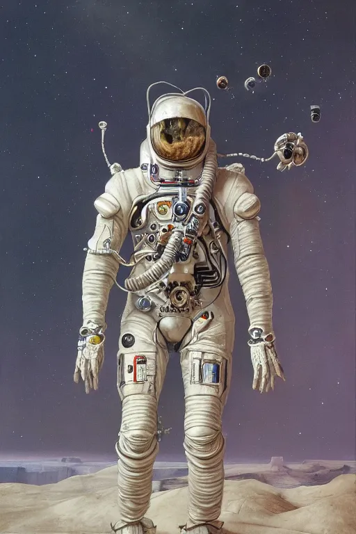 Prompt: beautiful oil clean painting biomechanical spaceman with spacesuit connected to the machine by wayne barlowe, rembrandt, complex, stunning, realistic skin color, 4 k, high res, awardwinning, masterpiece, realistic lighting