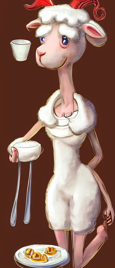 Image similar to beautiful female sheep anthropomorphic working as a waitress, digital art, cartoon, hyper detailed