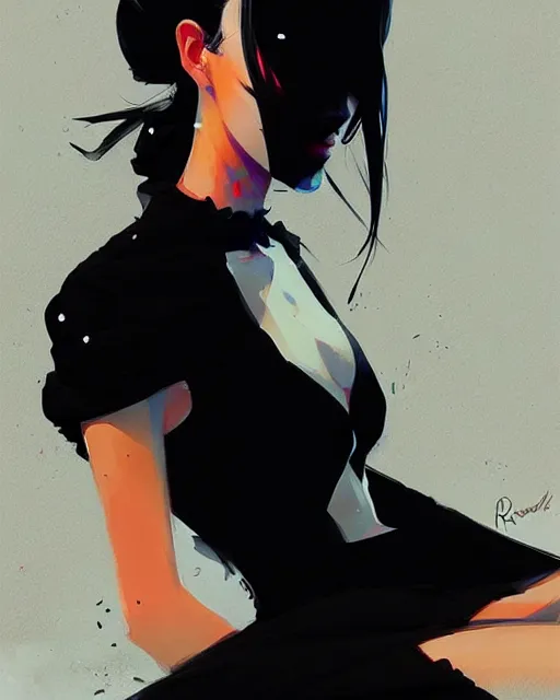 Image similar to a ultradetailed beautiful panting of a stylish woman in a black dress sitting, by conrad roset, greg rutkowski and makoto shinkai trending on artstation