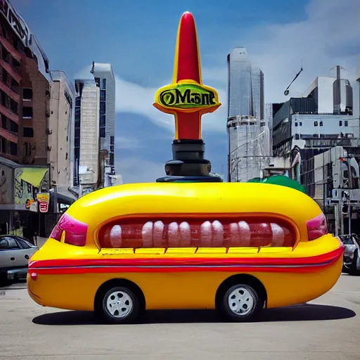 Image similar to very weird, very wrong concept of the Oscar Mayer Wienermobile on the street, photograph