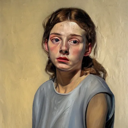 Prompt: high quality high detail oil painting of a young woman by lucian freud, thick brushstrokes, hd, photorealistic lighting