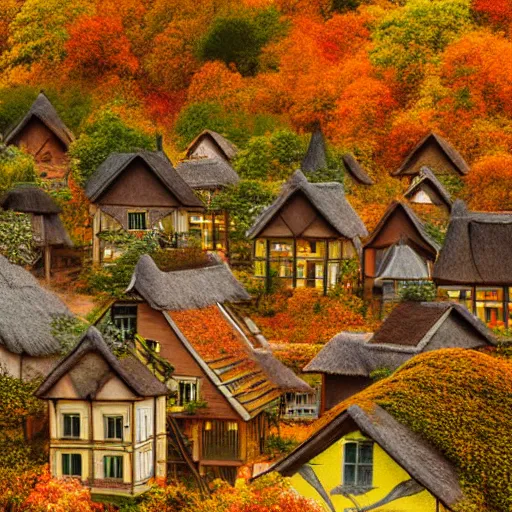 Image similar to a village full of tree houses nestled in a forest, chimneys with puffs of smoke, thatched roofs, golden hour, autumn leaves, ethereal, realistic high quality art digital art