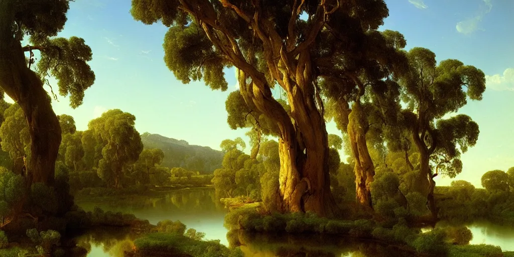 Prompt: landscape painting of a old blue gum tree next to a meandering river by alexei savrasov and thomas cole, mid day sun, artstation