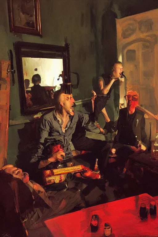 Prompt: punk rockers drinking brutal and raw wine, inside a tiny green room with red lights by joaquin sorolla, greg rutkowski, bill sienckiwicz, extremely detailed