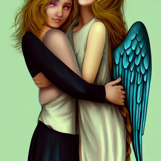 Prompt: an illustration of a deceased young woman with angel wings and a halo hugging her friend, a woman with long blond hair, digital art, artstation