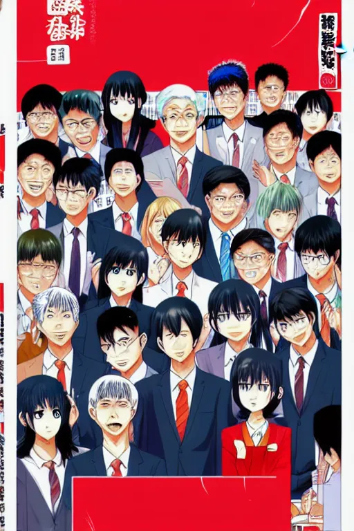 Image similar to a cover of modern manga about singapore ministers, high detail, anime cover, illustrated