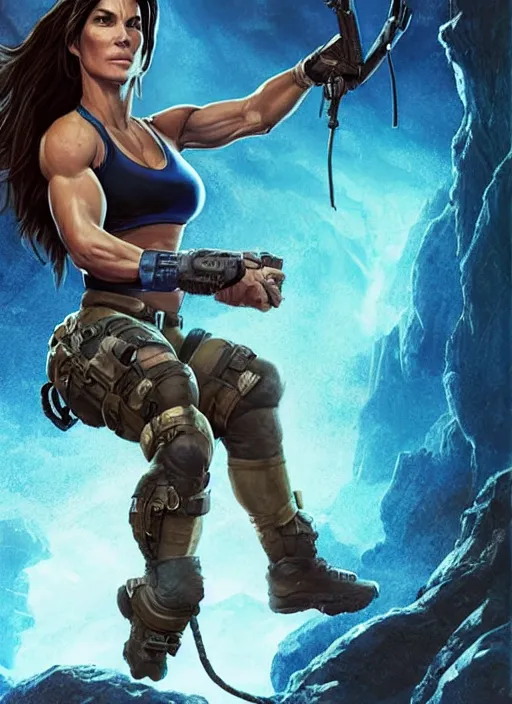 Prompt: muscled Sandra Bullock as Lara Croft as a ruggedly handsome heroine looking directly into the camera, jumping off a glowing artifact lodged in shallow blue glowing water, intricate, elegant, highly detailed, artstation, concept art, smooth, sharp focus, illustration, bokeh art by artgerm and donato giancola and Joseph Christian Leyendecker, WLOP, fireflies, distant snowstorm and thunder