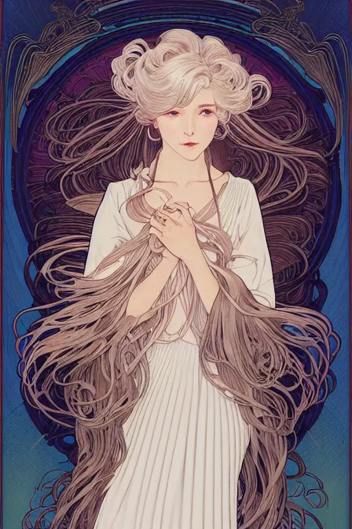 Image similar to magnum opus portrait professional photograph female holding white hair glowing, blush, pleated skirt, flowing hair, slim face, elegant, by yoichi hatakenaka, alphonse mucha, masamune shirow, josan gonzales and dan mumford, ayami kojima, takato yamamoto, barclay shaw, karol bak, yukito kishiro