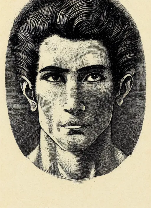 Prompt: 19th century wood-engraving of a clean shaven man named Noriaki Kakyoin, whole page illustration from Jules Verne book titled Stardust Crusaders, art by Édouard Riou Jules Férat and Henri de Montaut, frontal portrait, high quality, beautiful, highly detailed, removed watermarks