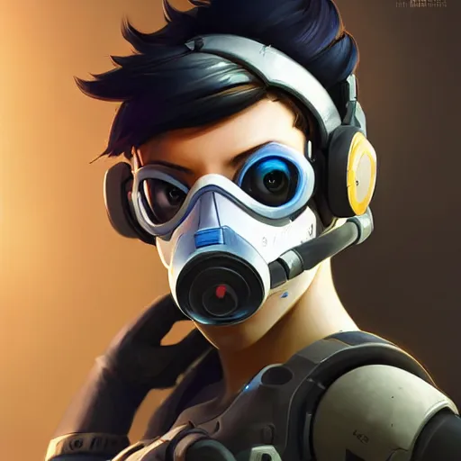 Image similar to overwatch tracer wearing a cyber gas mask, digital art, pretty face, very beautiful face, very detailed eyes, ultra detailed, by woop, greg rutkowski,