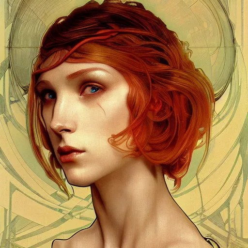 Image similar to portrait of a beautiful ginger male android, coy, circuitry visible in head, in the style of ex machina, karol bak, alphonse mucha, greg rutkowski, award winning, hr giger, artstation