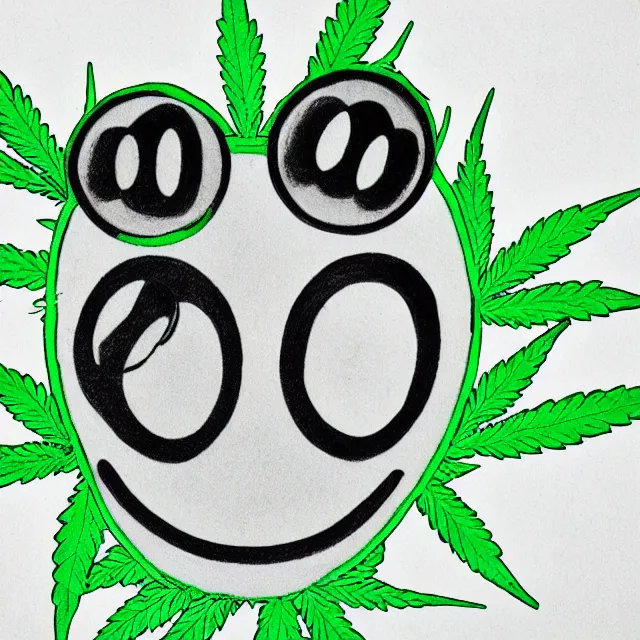 Prompt: cannabis smiley face cartoon, colored pencil illustration