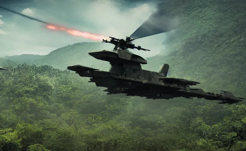 Prompt: photo of sci - fi gunship landing on jungle complex base, ultra detailed, movie frame, cinematical composition, 4 k, breaking bad