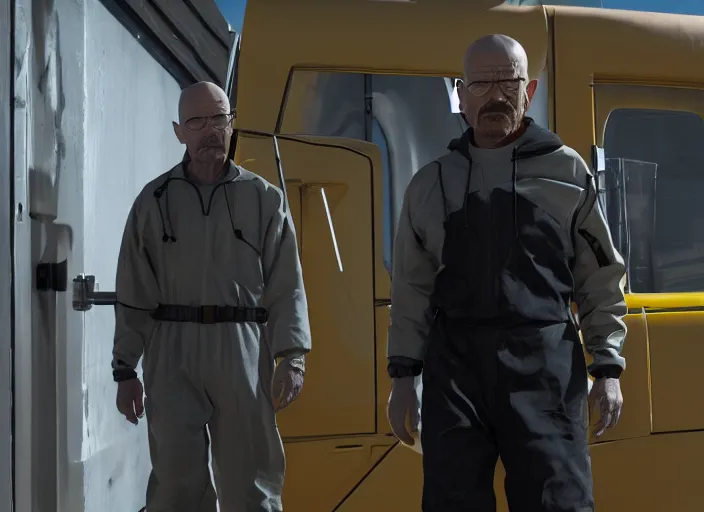 Image similar to film still of Walter White as Gordan Freeman wearing Black Mesa Jumpsuit in the Half Life Movie, 4k