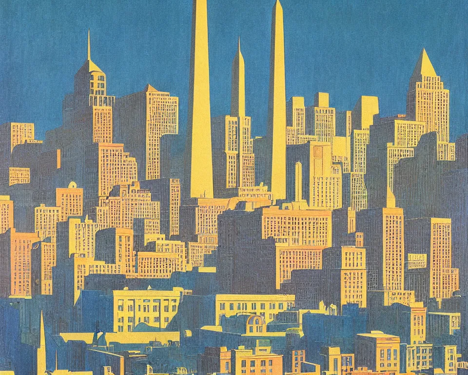 Prompt: resplendent art deco print of Washington, DC by Hasui Kawase and Lyonel Feininger