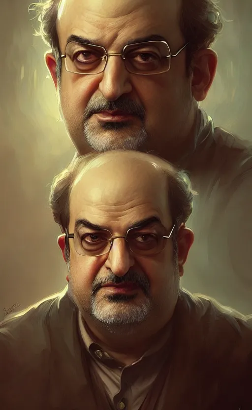 Image similar to portrait of salman rushdie, deep focus, d & d, fantasy, intricate, elegant, highly detailed, digital painting, artstation, concept art, matte, sharp focus, illustration, art by artgerm and greg rutkowski and alphonse mucha