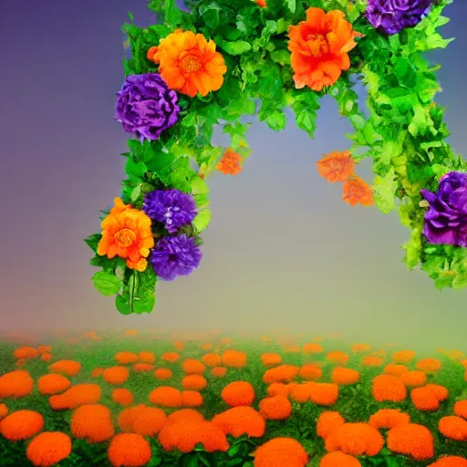 Image similar to a beautiful adorable matte digital painting of a pinata made of orange roses and orange chrysanthemums and purple poppies and green eucalyptus and green leaves, professional lighting, trending on artstation hq, contest winner