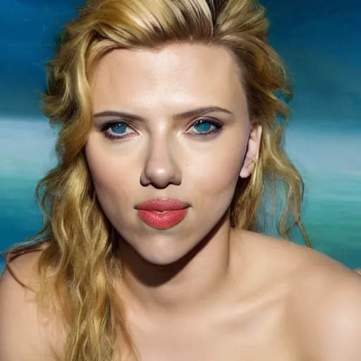 Prompt: scarlett johansson in a mermaid outfit, highly detailed face, 8 k