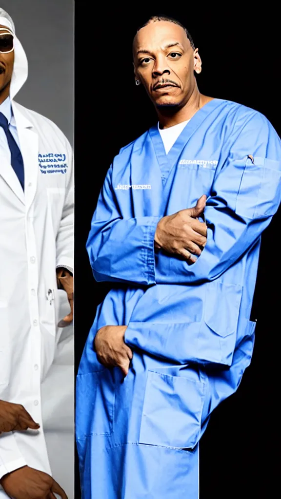 Prompt: Dr. Dre in surgeon scrubs in an emergency room, treating Snoop Dogg