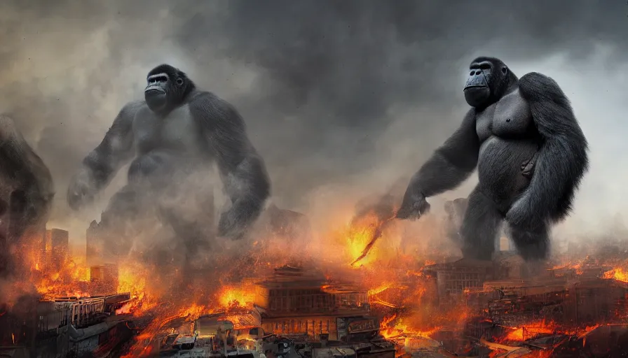 Prompt: giant gorilla destroying washington dc, fire and ashes, debris, collapsed buildings, smoke columns, hell on earth, apocalypse, army, hyperdetailed, artstation, cgsociety, 8 k