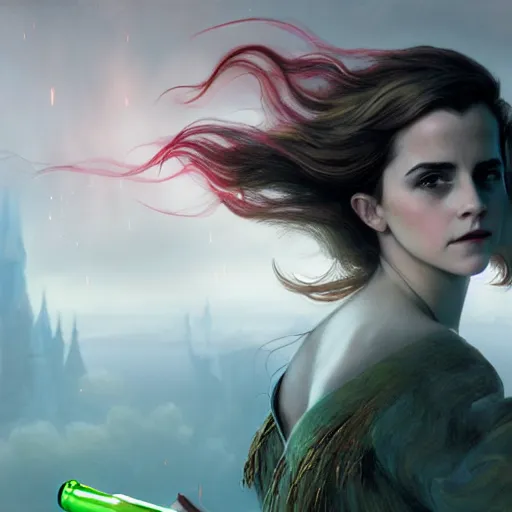 Image similar to a highly detailed matte painting of emma watson as an unbelievably powerful vampire witch, drinking wine, floating in the air doing blood magic, viewed in profile from far away, crackling green lightning, ultrawide lens, art by artgerm and greg rutkowski and alphonse mucha, volumetric lighting, octane render, 4 k resolution, trending on artstation, masterpiece