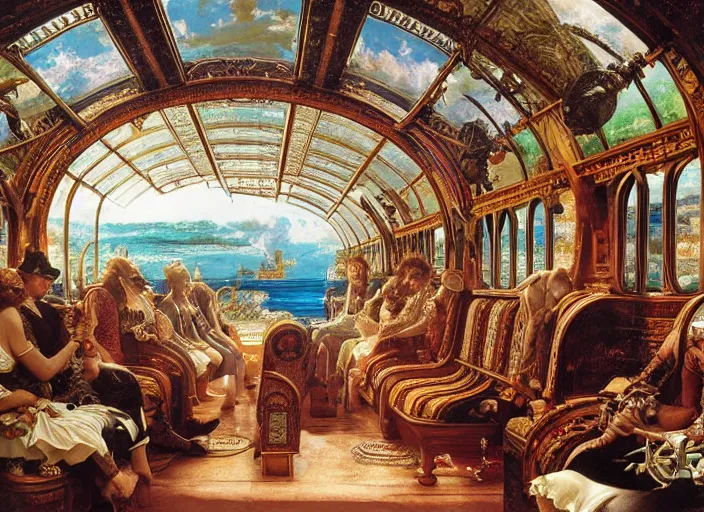 Image similar to incredibly beautiful breaktakingly detailed painting of the inside of the ornate underwater train to atlantis, various amazingly wonderful bizarre cool weird characters sat down, by ford maddox brown and william powell frith and frederic leighton, ultra wide angle, 4 k