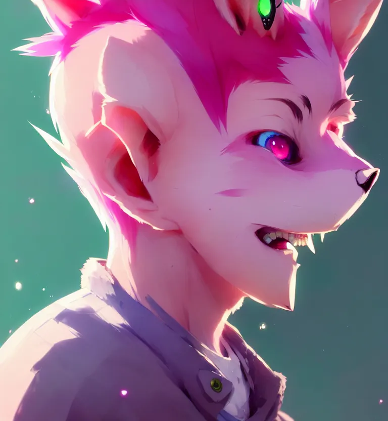 Prompt: a beautiful headshot portrait of a cute anime male boy with pink hair and pink fox ears and piercings and green eyes. character design by cory loftis, fenghua zhong, ryohei hase, ismail inceoglu and ruan jia. artstation, volumetric light, detailed, photorealistic, fantasy, rendered in octane