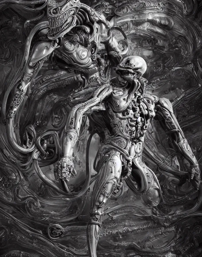 Image similar to engineer prometheus, xenomorph alien, highly detailed, symmetrical long head, smooth marble surfaces, detailed ink illustration, raiden metal gear, cinematic smooth stone, deep aesthetic, concept art, post process, 4k, carved marble texture and silk cloth, latex skin, highly ornate intricate details, prometheus, evil, moody lighting, hr geiger, hayao miyazaki, indsutrial Steampunk