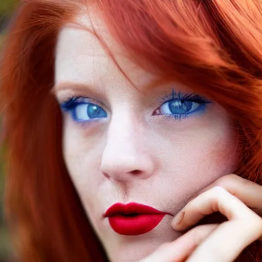 Prompt: close up portrait photo of the left side of the face of a redhead woman with blue eyes and big black round pupils and red lips who looks directly at the camera. Slightly open mouth, face covers half of the frame, with a park visible in the background. 135mm nikon. Intricate. Very detailed 8k. Sharp. Cinematic post-processing. Award winning photography