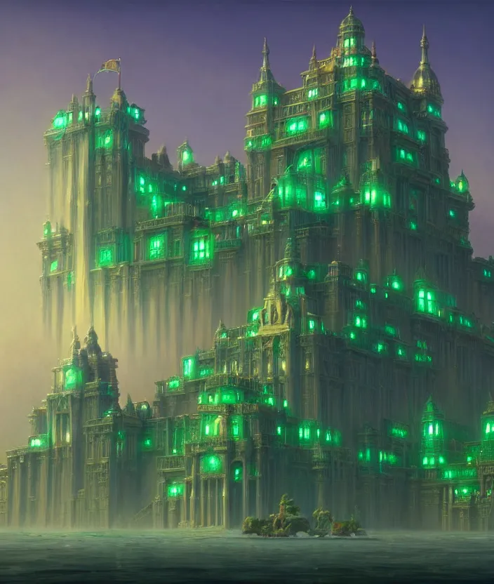 Prompt: a detailed digital painting of a palace made of gleaming emeralds, by moebius and tyler edlin and lee madgwick, trending on artstation, digital art, 4 k resolution, detailed, beautiful render, octane render, high quality, sharp focus, hq artwork, coherent, insane detail, concept art