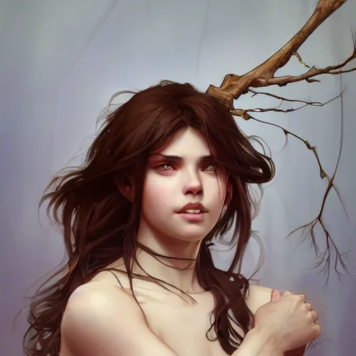 Prompt: a mischievous girl with branches in her brown hair, dirt - stained skin, highly detailed, digital painting, artstation, concept art, smooth, sharp focus, illustration, art by artgerm and greg rutkowski and alphonse mucha