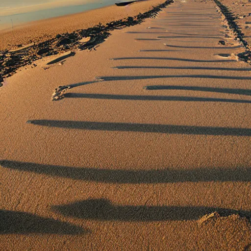 Prompt: footprints in sand at the beach, gentle waves, calm light, footprint path, light sand, distant clouds, photography award, leading lines