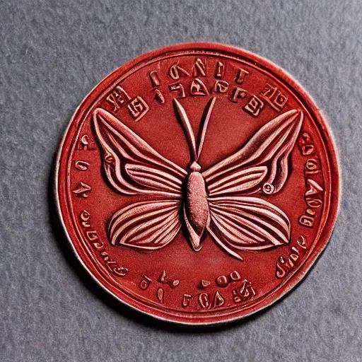 Image similar to red currency depicting a moth, extremely detailed, realistic,