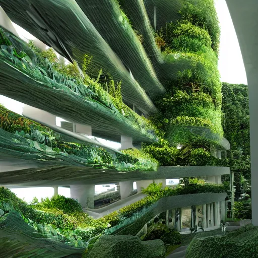 Image similar to bioclimatic biomimicry architecture with greens, realistic, artstation.