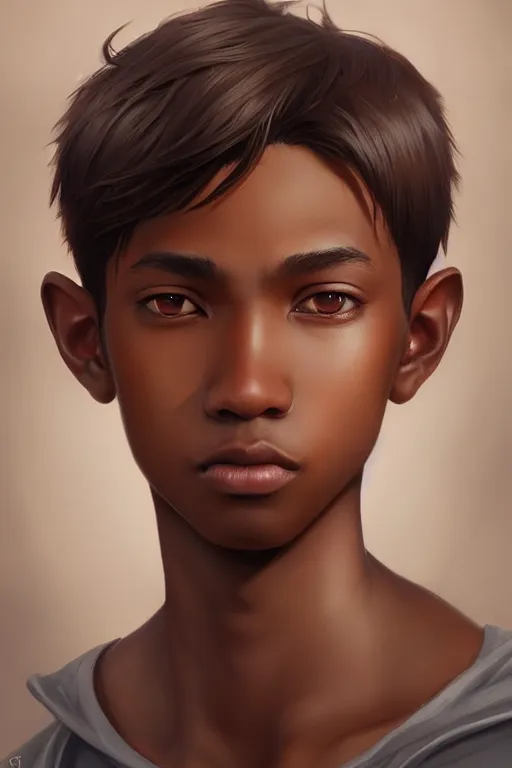 Prompt: young teenager boy with straight short brown hair, dark skin, big lips. highly detailed, d & d, fantasy, highly detailed, digital painting, trending on artstation, concept art, sharp focus, illustration, art by artgerm and greg rutkowski and fuji choko and viktoria gavrilenko and hoang lap