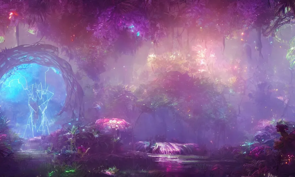 Prompt: a watercolor painting of a glowing sparkling gigantic portal in a mysterious jungle, fantasy, flowery, particles, fireflies, octane render, unreal engine, artstation, digital art