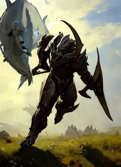 Prompt: Greg Manchess painting of a Shark Charr from Guild Wars 2 wearing Forerunner Armor from Halo, countryside, calm, fantasy character portrait, dynamic pose, above view, sunny day, artwork by Jeremy Lipkin and Giuseppe Dangelico Pino and Michael Garmash and Rob Rey, very coherent asymmetrical artwork, sharp edges, perfect face, simple form, 100mm