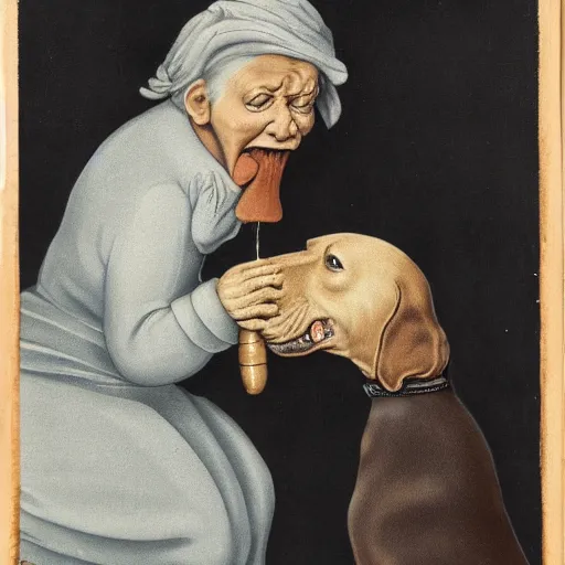 Prompt: an absurdist image of an old woman swallowing a dog