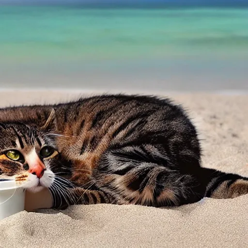 realistic photo of a cat chilling out on the beach and | Stable ...