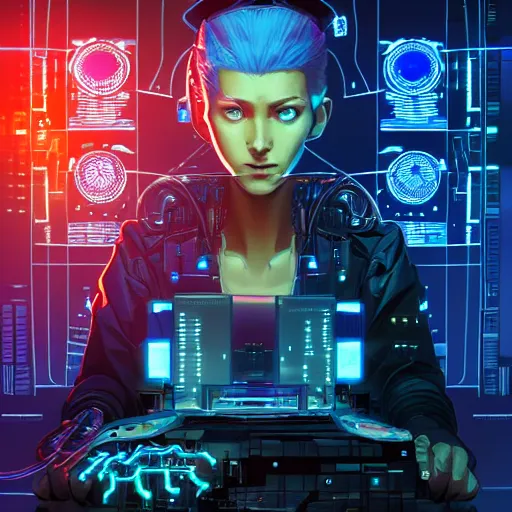 Image similar to a cyberpunk netrunner surrounded by a glowing computer interface, centered in the frame, cyberpunk concept art by Jean Giraud and josan gonzales, digital art, highly detailed, intricate, sci-fi, sharp focus, Trending on Artstation HQ, deviantart, 4K UHD image