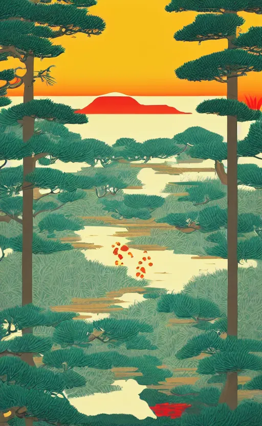 Prompt: hanafuda, portrait of huge grus japonensis at a lake in the middle of japanese pines, a big red sun in the background, front game card, vector line art, trending on artstation, concept art, stunning, matte