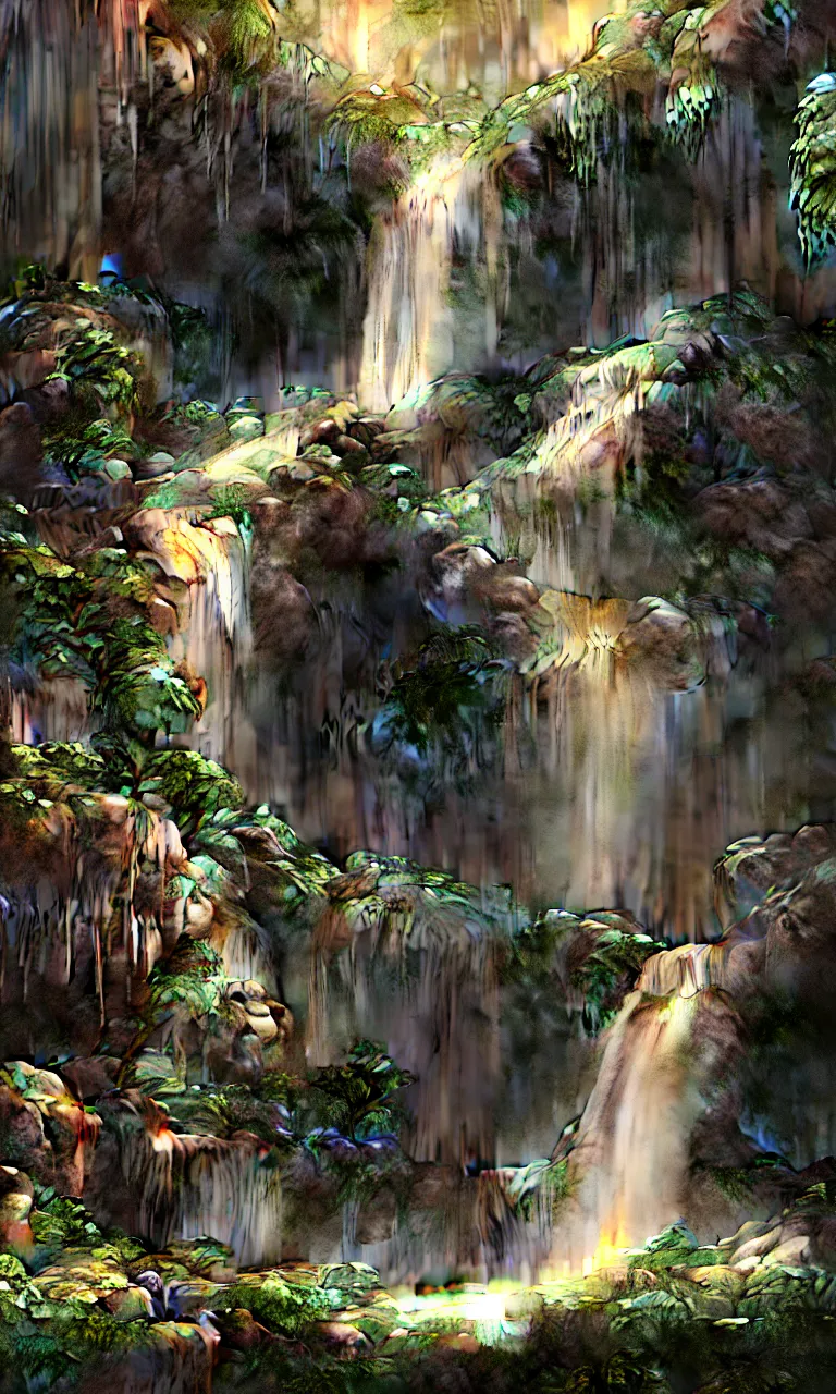 Image similar to beautiful big house waterfall flows down from the mountain, octane render, fabulous, hyper detailed, random cinematic view, no noise, global illumination, warm lighting, volumetric, godrays, vivid, beautiful, by jordan grimmer