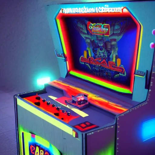 Image similar to 1990s arcade machine, octane render, unreal engine, digital art, Artstation, Trending on Artstation, cgsociety, Pinterest, 8k , close up to the screen, godrays, volumetric, reflections, cinematic, epic, accurate, coherent,