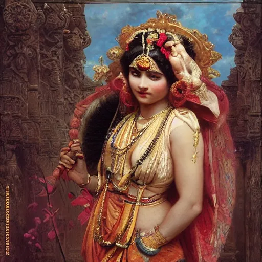 Prompt: detailed full body of hindu traditional woman blindfolded high - tech vr headset in baroque style, girl graceful,, painting by gaston bussiere, craig mullins, j. c. leyendecker, lights, art by ernst haeckel, john william godward, hammershøi,,